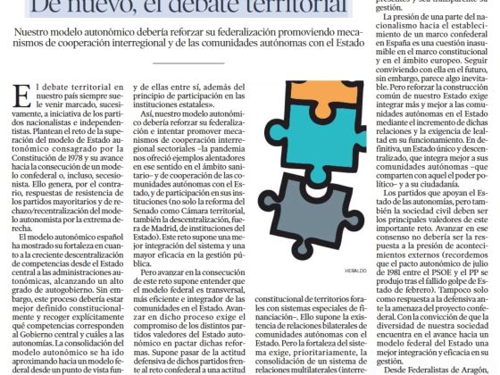 De nuevo el debate territorial: el reto federal (artículo en Heraldo de Aragón)