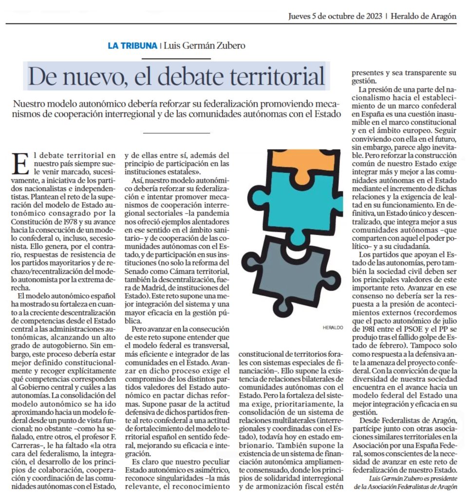 De nuevo el debate territorial: el reto federal (artículo en Heraldo de Aragón)