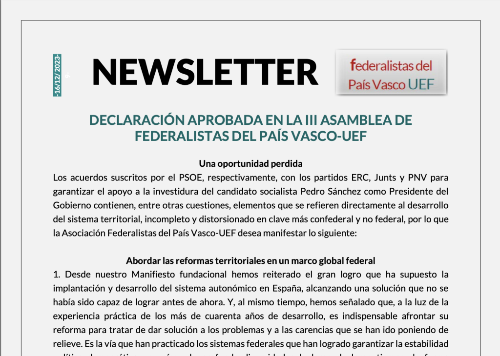Declaración aprobada en la III Asamblea de Federalistas del País Vasco-UEF